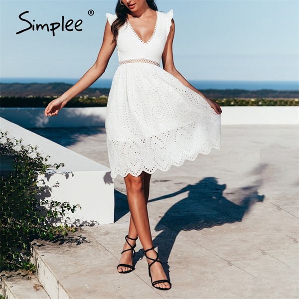 Simple 'Sexy White Mulheres Verão Vestido Backless V Neck Rouble Algodão Vestido de Laço Vintage Feriado Beach Curto Feminino Vestidos LJ200810