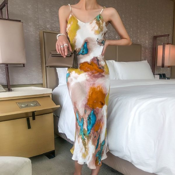 

twotwinstyle print vintage dress for women square collar spaghetti strap high waist slim dresses female 2020 autumn fashion new y200805, Black;pink