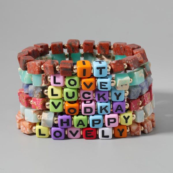 

beaded, strands oaiite square beads natural stone diy letters bracelet boho handmade charm friendship bracelets for women men jewelry gift, Black