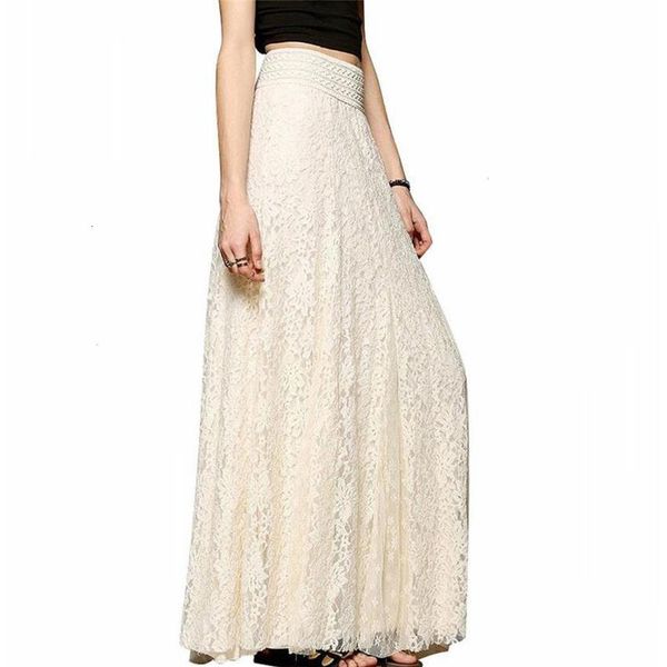 

2021 new plus size high waist white black solid color lace long skirts women faldas saia ladies jupe maxi skirt g8i4