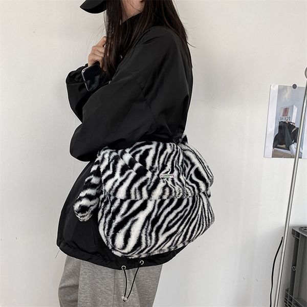 

plush big capacity messenger bag satchels vintage zebra pattern shoulder handbag popular simple female daily bag
