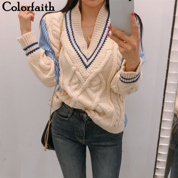 

colorfaith autumn winter women's sweaters patchwork srtiped v-neck pullover stylish knitted korean female jumpers sw1703 201111, White;black