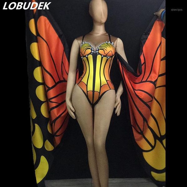 

orange butterfly pattern big wings elastic bodysuit bar nightclub female singer stage wear leading dance dance team costume1, Black;red