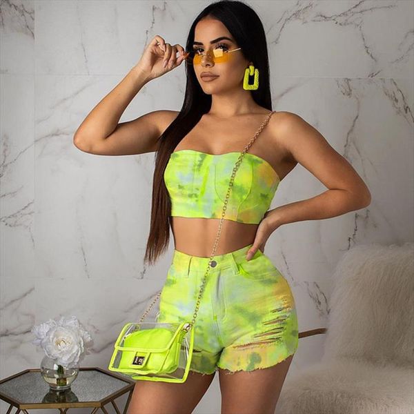 

sexy tie dye denim two piece set женщины без бретелек топы и hole джинсы шорты женские летние matching set эпикировка clubwear женский, Gray