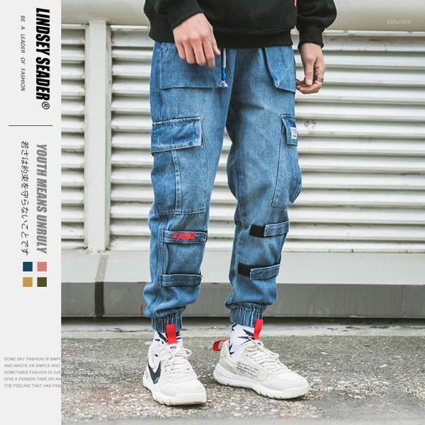 

lindsey seader hiphop denim cargo pants jeans pockets men harajuku streetwear joggers pencil pant jeans pants harem trousers1, Blue