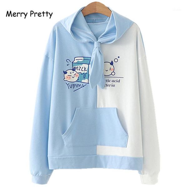 

merry pretty women cartoon print pink hooded sweatshirts 2020 winter long sleeve tie collar hoodies femme harajuku pullovers1, Black