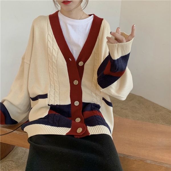 

women autumn winter twist patchwork long sweater coat female long sleeve v neck knitted cardigan loose plus size pocket outwear 201202, White;black