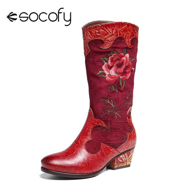 

socofy retro embroidered boots rose genuine leather stitching low heel mid calf boots ladies shoes women botines mujer 2020 y200723, Black