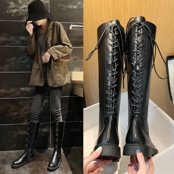 

autumn and winter women's high boots lace up casual flat boots small square heel sequined round toe pu women's, Black