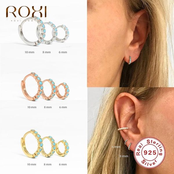 

hoop & huggie roxi elegant 925 sterling silver turquoise stone earrings for women wedding jewelry cartilage 6/8/10mm earring, Golden;silver