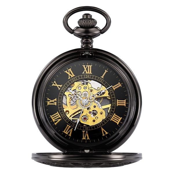 

antique skeleton gold roman numerals dial black alloy case mechanical hand wind long fob chain clock men pocket watch /w029b t200502, Slivery;golden