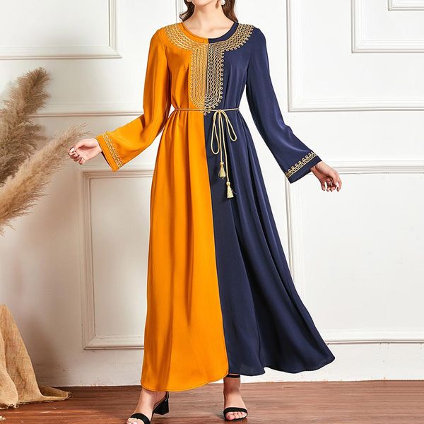 

2021 dressed muslim fashion comfortable temperament contrast sewing waist embroidered around the woman's long neck bowb, Black;gray