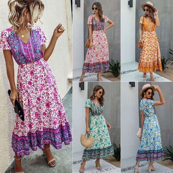 

print new product 2020 summer fashion v-neck short sleeve tethered long women's dress, Black;gray