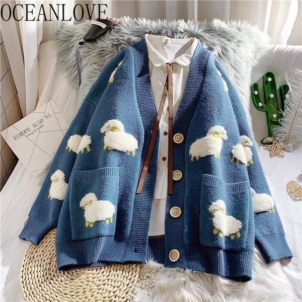 

oceanlove cartoon sweet s-3xl women sweaters v neck single breasted warm cardigans fashion korean ropa mujer loose 173131, White
