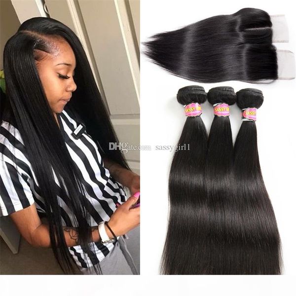 

malaysian straight hair 3 bundles with closure virgin unprocessed human hair wefts hair extensions part closure, Black;brown