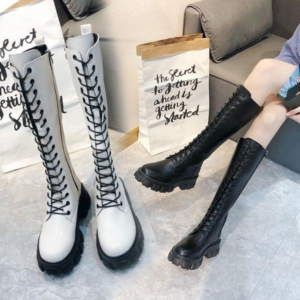 

autumn winter chunky platform boots women waterproof pu leather knee high boots woman thick bottom lace up long booties black