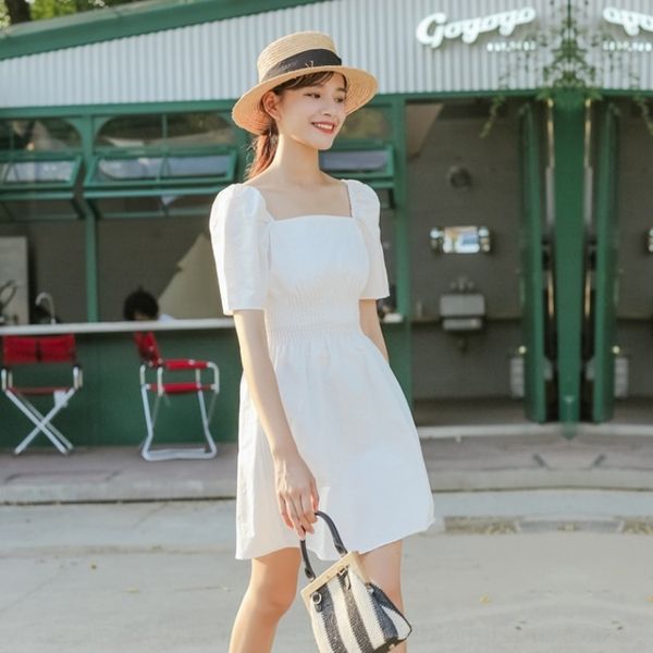 

ngeqj south korean ins french style women in 2020square collar pure whitewaist dress very closing fairysmall number of short sleeve dress su, Black;gray