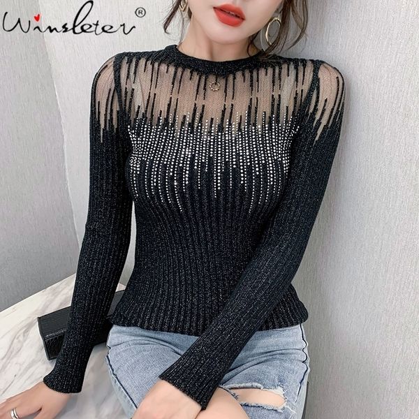 

autumn winter korean clothes knit t-shirt diamonds transparent women ropa mujer shirt long sleeve elastic tees t08415l 201125, White