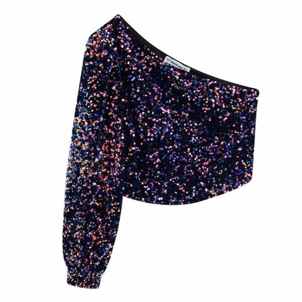 

new 2020 women one shoulder asymmetric sequins blouse shirt women high street colorful sequins blusas femininas ls6081, White