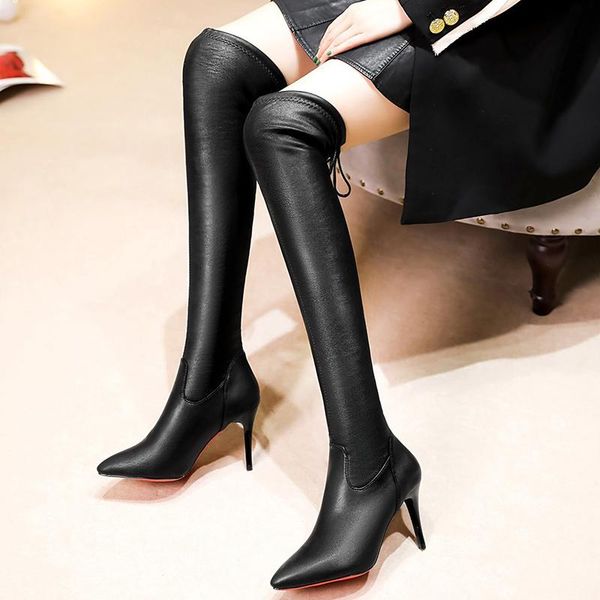 

fashion black pu leather super high heels boots women stiletto pointed toe over the knee botas warm plush booties mujer