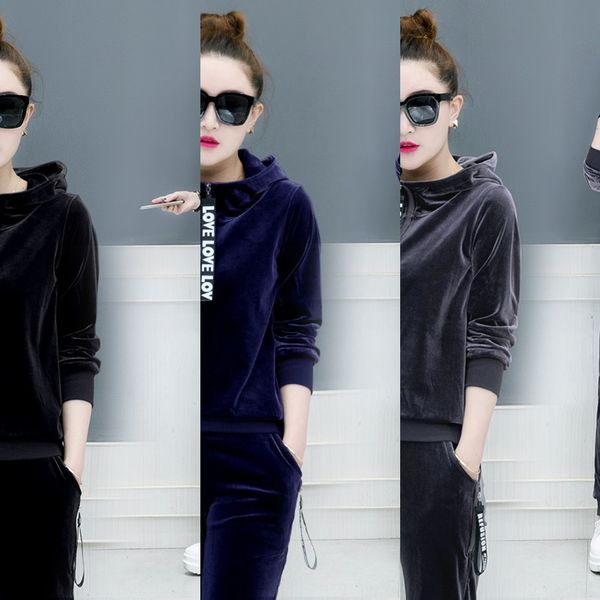

gold velvet sportswear women's clothing 2019 new casual korean fashion suit spring and autumn thin fashion sweater two-piece sportswear, Gray