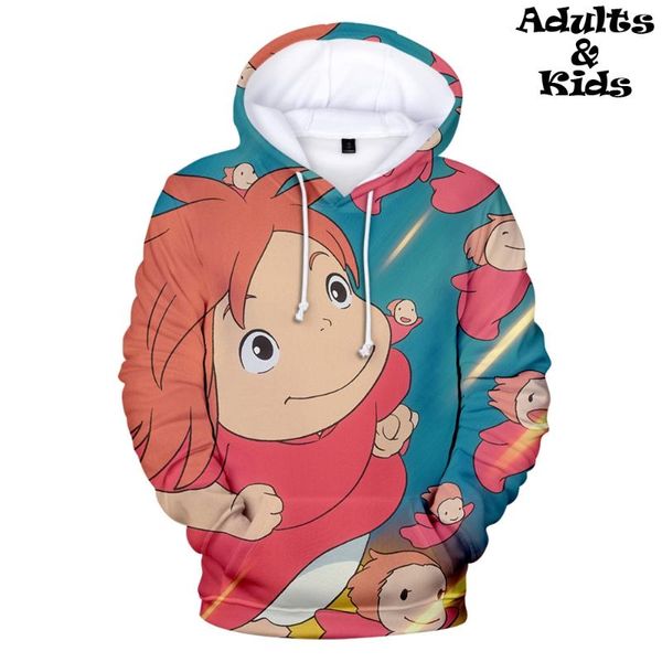 

hip hop ponyo on the cliff hoodies harajuku style ponyo and sosuke anime sweatshirts family outfits kawaii kid's hoodie, Black