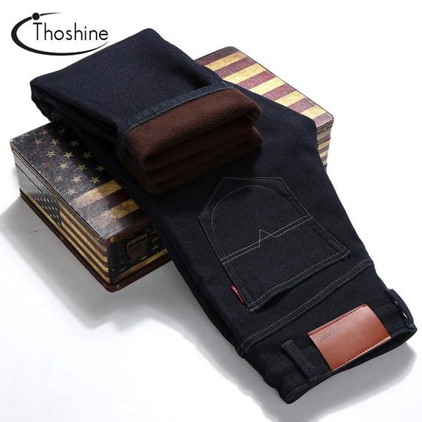 

thoshine 2021 new autumn winter men cashmere denim trousers fashion keep warm thick straight male jeans casual pants outwear, Blue