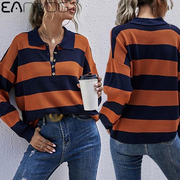 

women's sweaters sweater turn-down colar striped umpers autumn fall for female office wear streetwear school loose, White;black