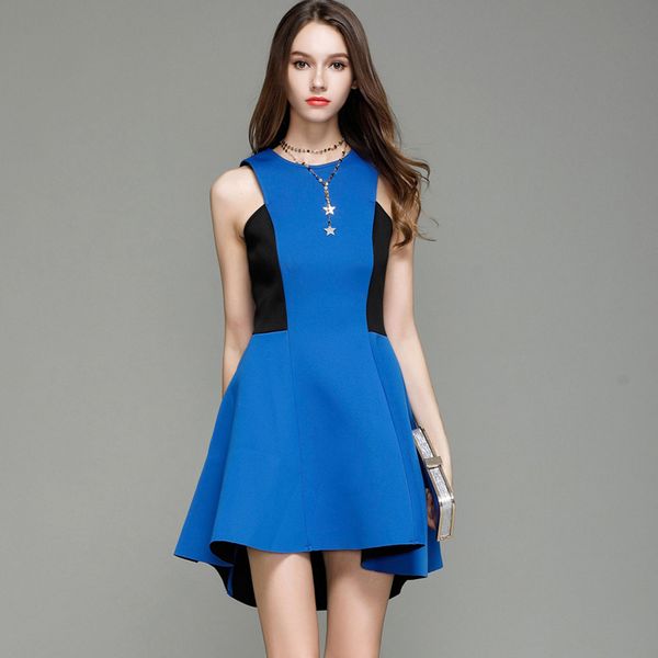 

women's runway dresses o neck sleeveless color block patchwork fashion hi low short designer dresses, Black