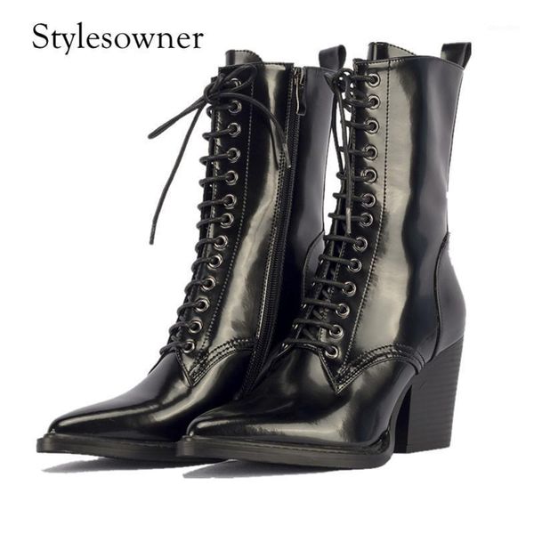 

boots stylesowner euramerican style genuine leather woman motorcycle patent high heels 8cm smooth trends boots1, Black