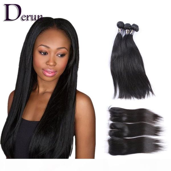 

part, middle part, 3 part lace closure with 3 bundles silky straight 100% human hair brazilian peruvian indian malaysian hair, Black