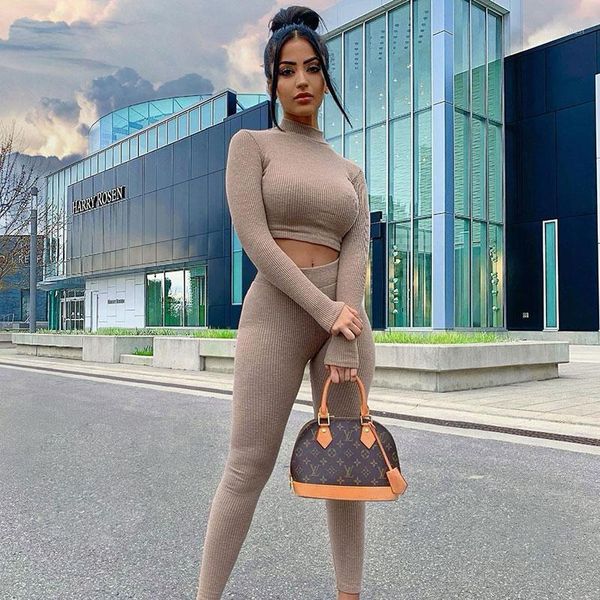 

2020 women solid color tight 2 piece outfits long sleeve high collar navel high waist skinny long pants training suit1, Gray