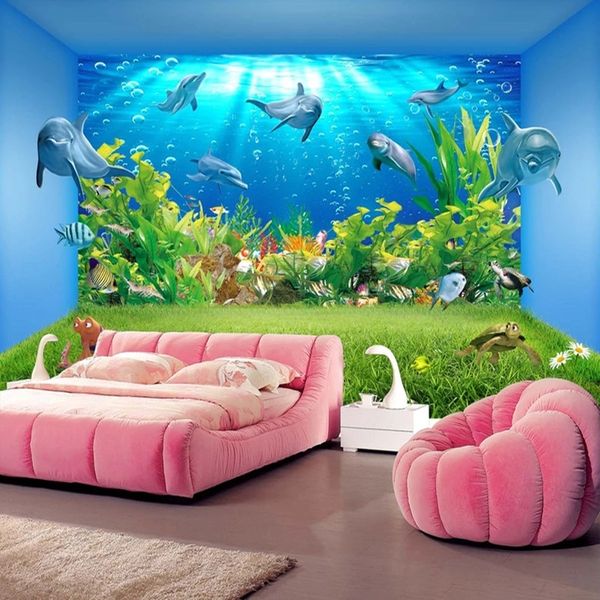 Tamanho personalizado arte 3d murais subaquáticos mundo golfinho criativo estereoscópico espaço sala de estar tv fundo 3d papel de parede