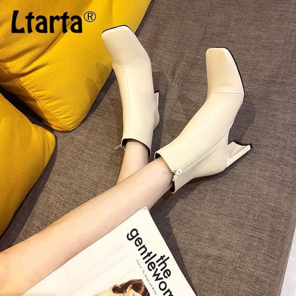 

ltarta women's shoes 20 autumn new square head stitching western style thick high heel zipper ankle boots -3306-2, Black