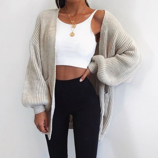 

sfit 2019 autumn winter fashion women long sleeve loose knitting cardigan sweater women knitted female cardigan pull femme, White