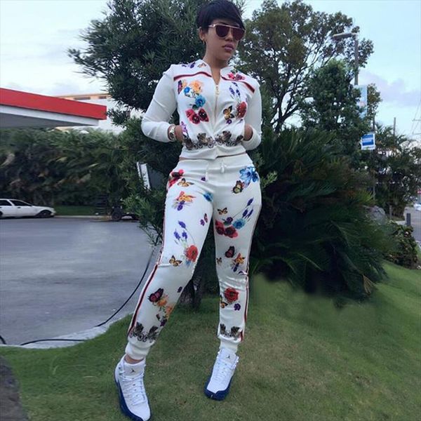 

2 two piece set print butterfly flower tracksuit runway jacket joggers matching pants women clothing track suits winter ensemble, Gray