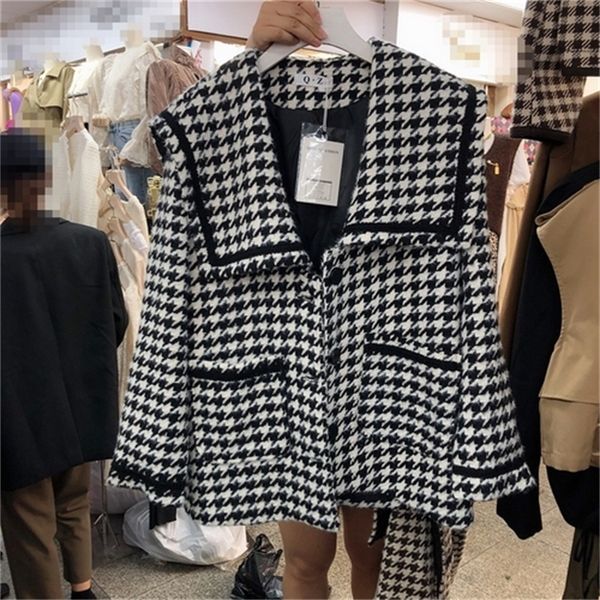 

2021 new autumn and winter new navy collar houndstooth student short woolen coat women trend lj7r, Black