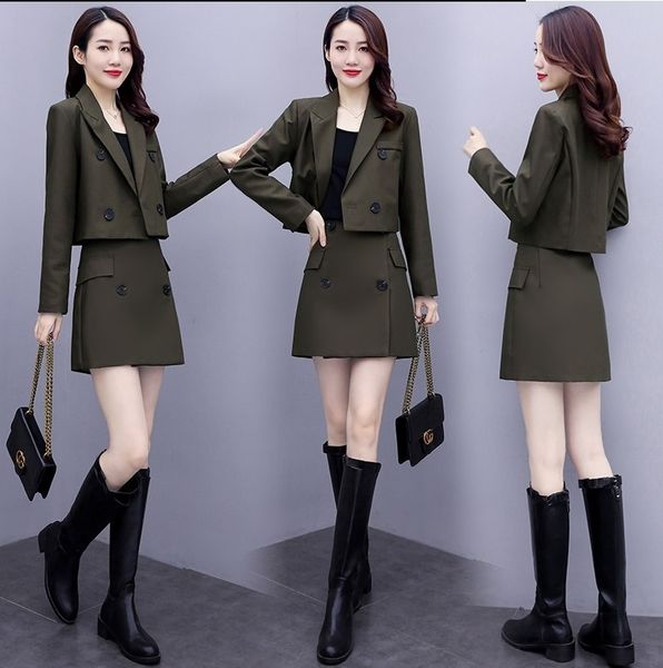 

b0y9b jump 2020 skirt short spring and autumn women's temperament small suit two-piece suit professional fashion age-reducing short ski, Gray