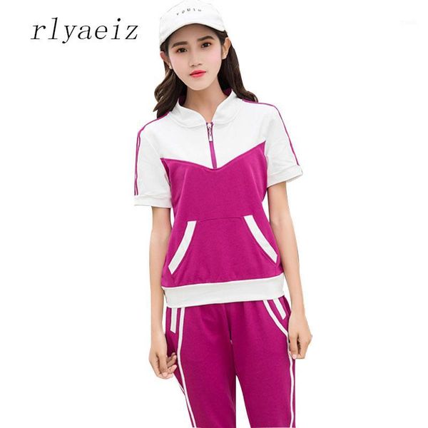 

women's tracksuits rlyaeiz casual 2 piece set women sporting suit 2021 summer patchwork striped t shirts + calf- length pants female tr, Gray