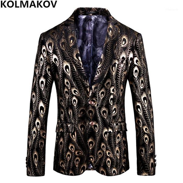 

2018 autumn peacock feather printed blazer men jacket soft 100% cotton slim fit men's stage singer blazers show suit jackets 5xl1, White;black