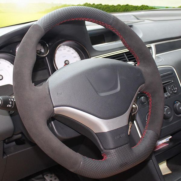 

diy black leather black suede hand-stitch car steering wheel cover for peugeot 308 new product