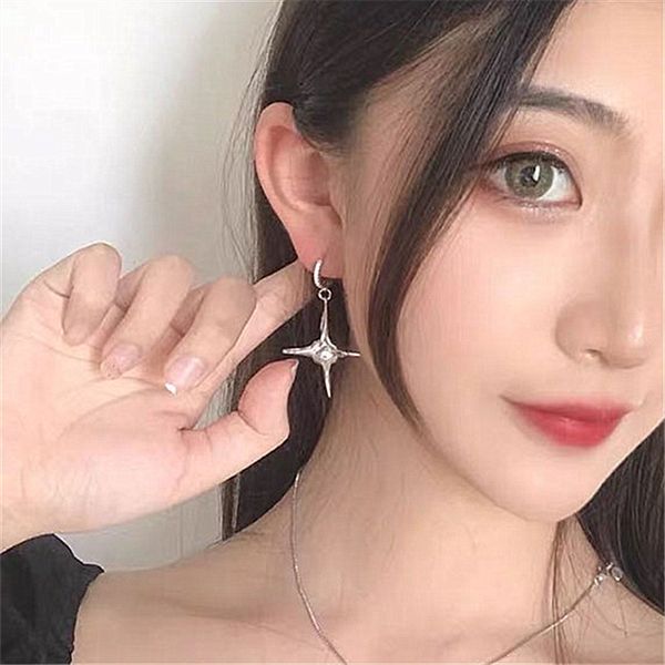 

metal trendy geometric women dangle earring cross earrings zircon star earrings punk style thin earrings jewelry, Silver