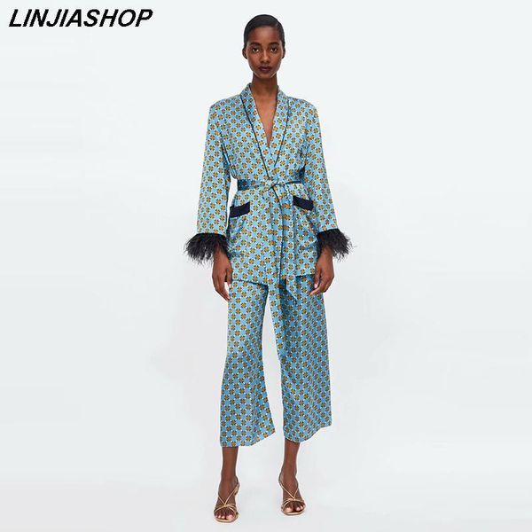 

summer women two piece set vintage think satin chiffon tassels feather sashes elastic suit long pants women sets1, White