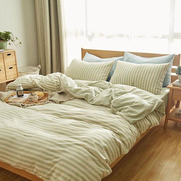 

100% cotton 4pcs light green and beige striped duvet cover set soft jersey knit bedding sets  size