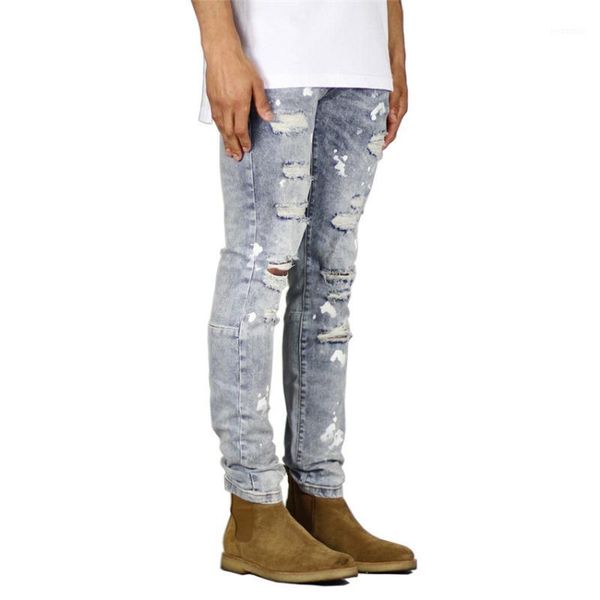 

jeans men hip hop ripped splashing ink skinny biker jeans distressed motorcycle streetwear men joggers denim ab351, Blue