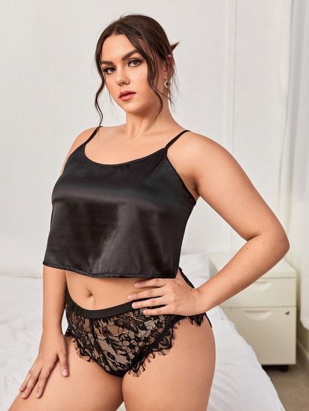 

plus satin cami with floral lace panty d4nt#, Black;white