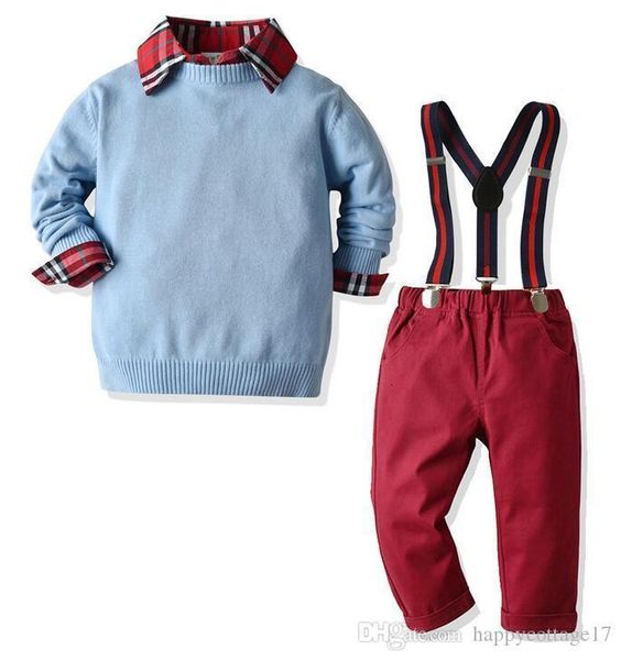 

autumn winter boys and suit european and new american gentleman round neck long sleeve sweater strap elastic t, White