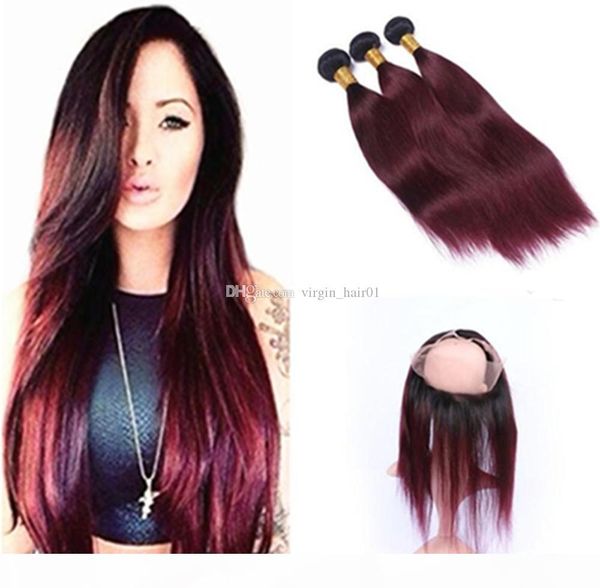 

red wine two tone colored hair 1b 99j burgundy ombre human hair with 360 full lace band frontal body wave human hair weave, Black;brown