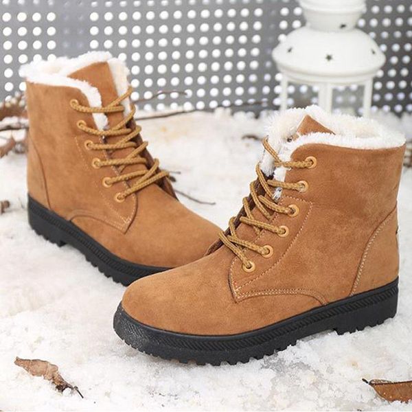 

women warm snow boots fur women's suede ankle boots flat lace up winter plus size platform ladies shoes new flock female, Black