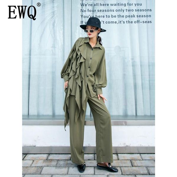 

women's tracksuits [ewq] 2021 spring autumn full sleeve lapel collar ruffle coat long length pants high street two-piece suit tx841, Gray